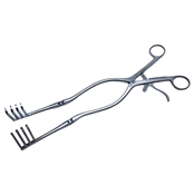 Beckman Retractor With Overall Length 12 1/4" (310mm) With Hinged Blades 4x4 Sharp Prongs Blades Are (B) 1" (25mm) Height x (A) 2" (50.5mm) Width Maximum Opening: 5 3/4" (145mm)  Hinged Arm Length 3 3/4" (94mm) 